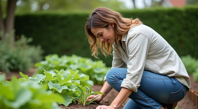 Désherber : un exercice bénéfique pour la santé et le jardin Femme en jeans et chemise dans un jardin en train de désherber
