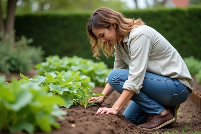 jardin-femme-vegetaux Femme en jeans et chemise dans un jardin en train de désherber