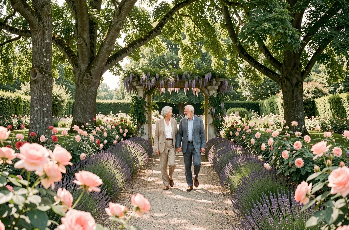 Jardin paysager des Jardins d'Arcadie de Meaux avec un couple de seniors se promenant parmi les rosiers