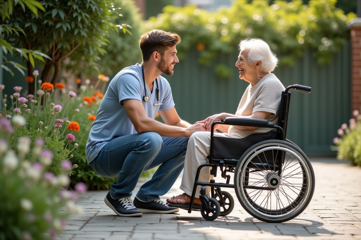 Jeune aidant parlant avec une personne en fauteuil dans un jardin