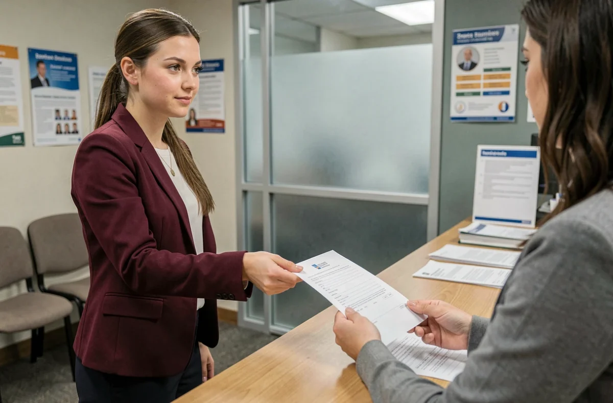 Jeune femme déposant un formulaire dans un bureau des services sociaux pour une demande liée à l'AAH et aux plafonds de revenus