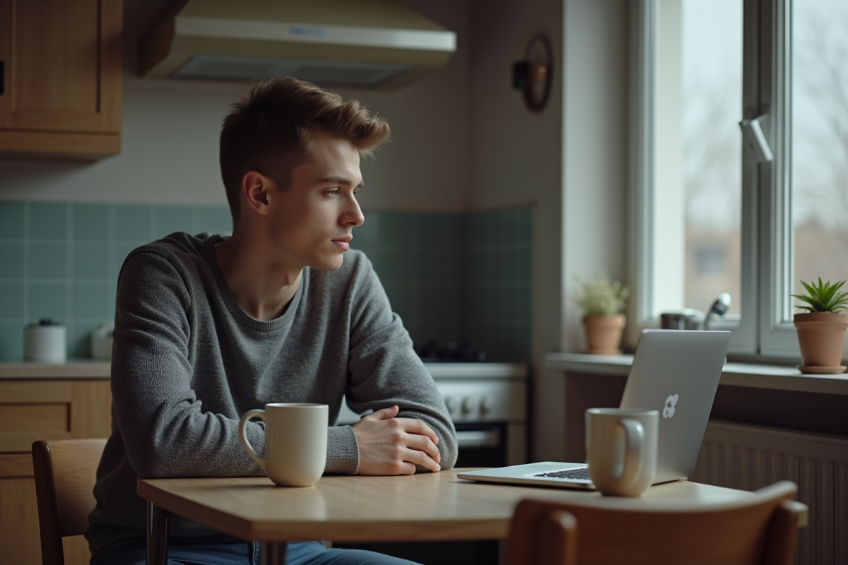 Jeune homme pensif assis à une table de cuisine