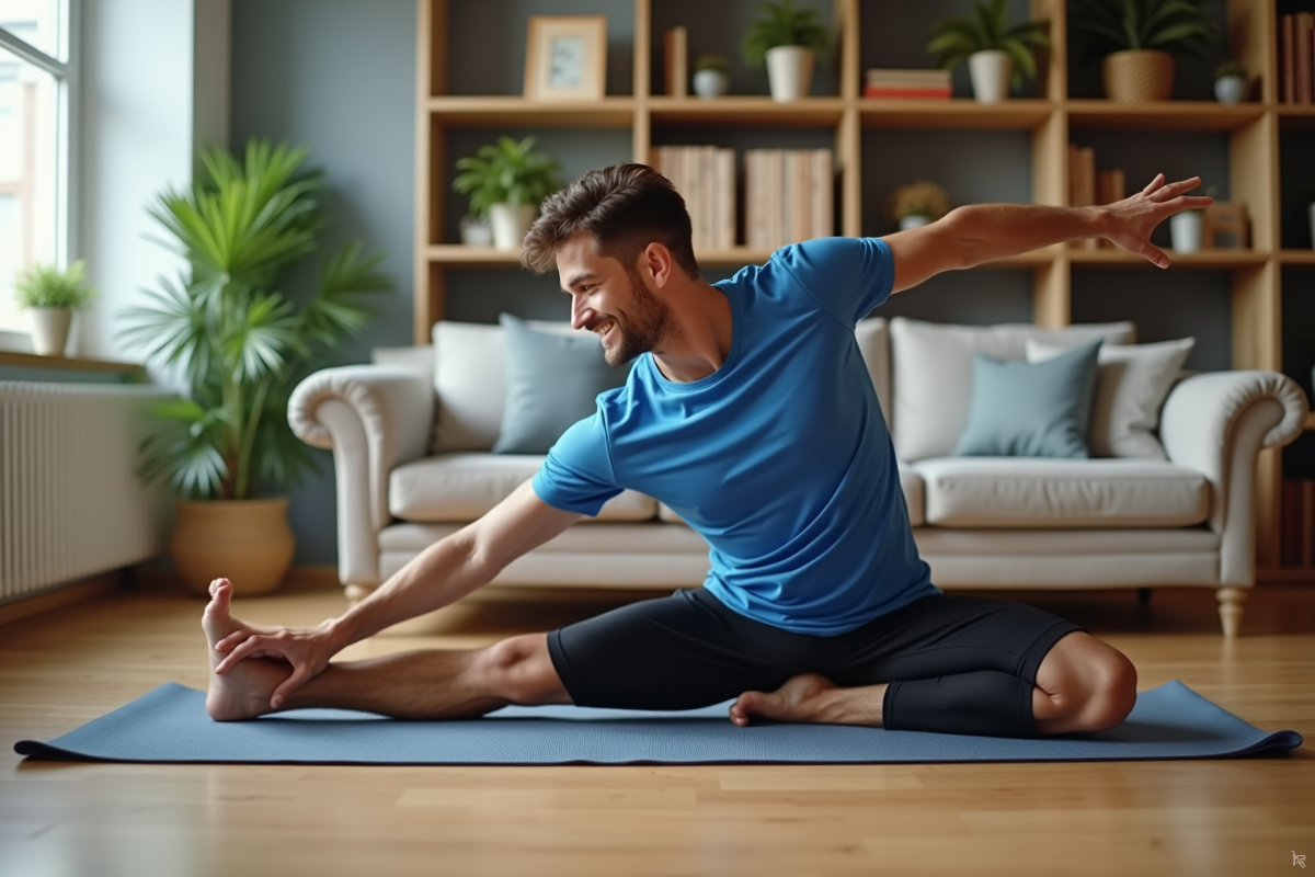 Jeune homme faisant des étirements dans un salon moderne