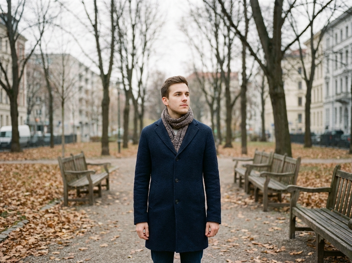 Jeune homme pensif dans un parc en automne avec feuilles mortes