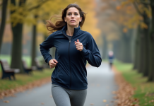 Exercice matinal : bienfaits et impact sur la santé Femme d'âge moyen en jogging dans un parc urbain