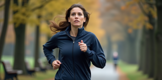 Exercice matinal : bienfaits et impact sur la santé Femme d'âge moyen en jogging dans un parc urbain