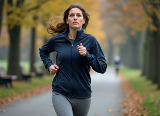 Exercice matinal : bienfaits et impact sur la santé Femme d'âge moyen en jogging dans un parc urbain