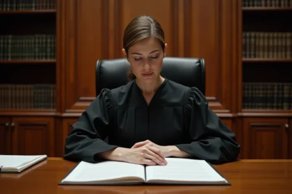 Jugette en robe noire dans une salle de justice