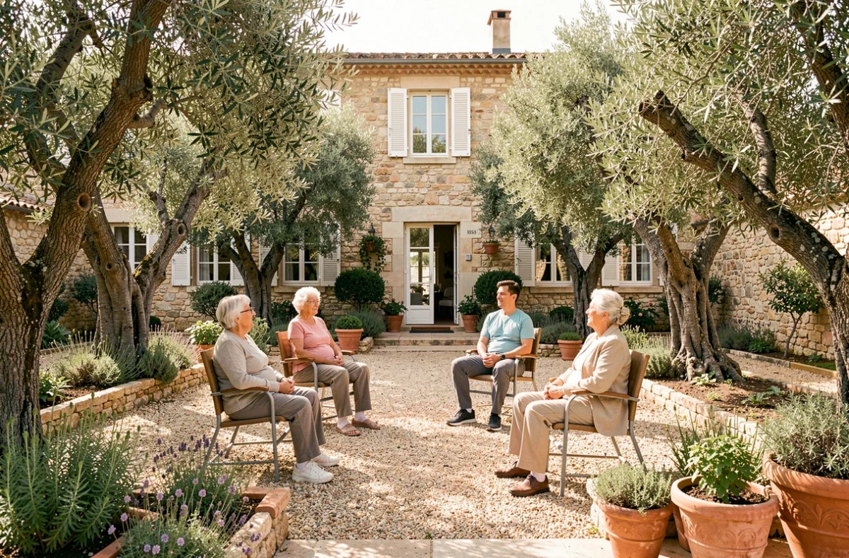Groupe de résidents participant à une séance d'exercices doux en plein air dans le jardin d'oliviers de Korian Le Mas des Oliviers à Nîmes
