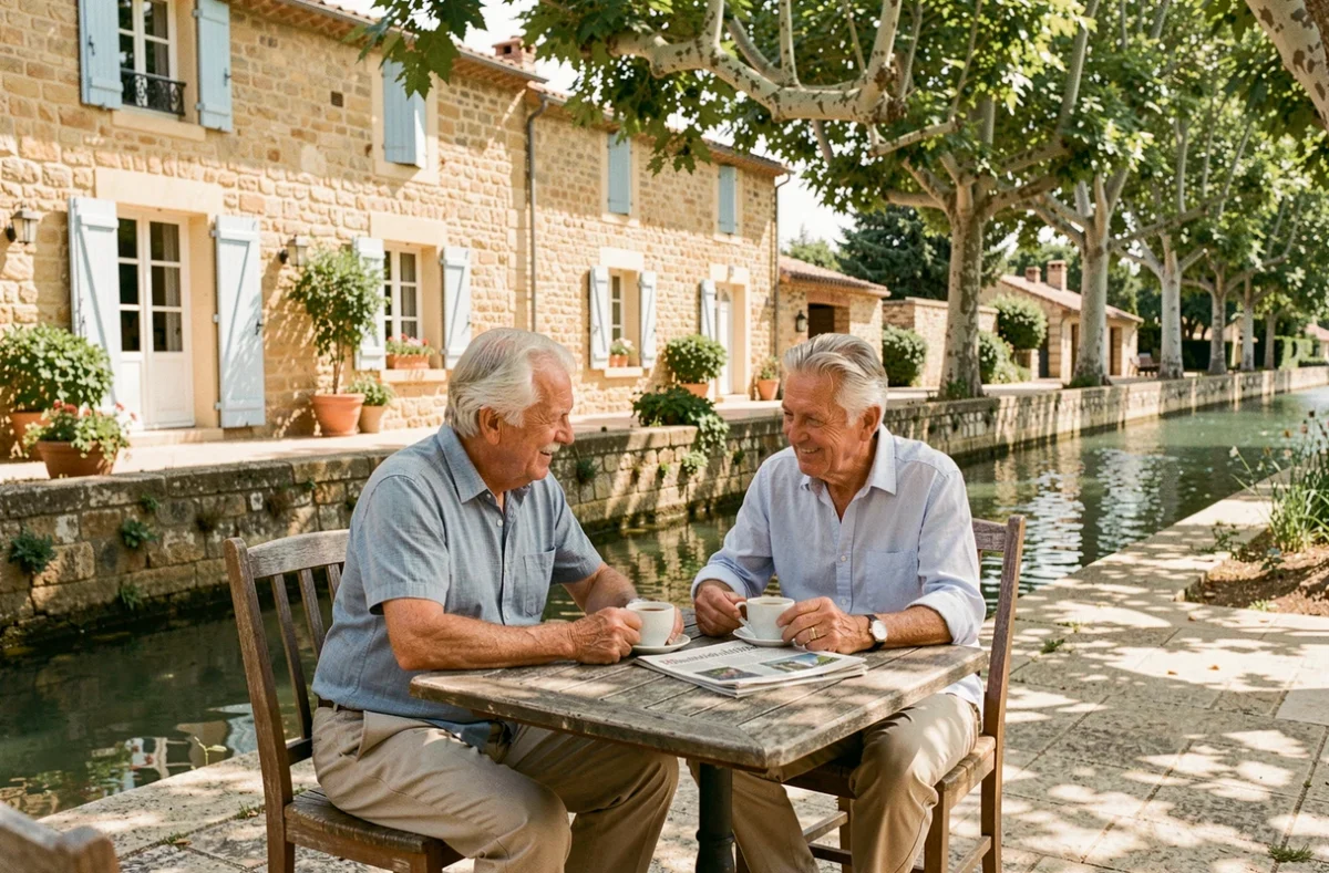 Couple de résidents âgés prenant le café sur la terrasse ombragée de La Bastide du Canal à Beaucaire, avec le cadre provençal en pierre dorée