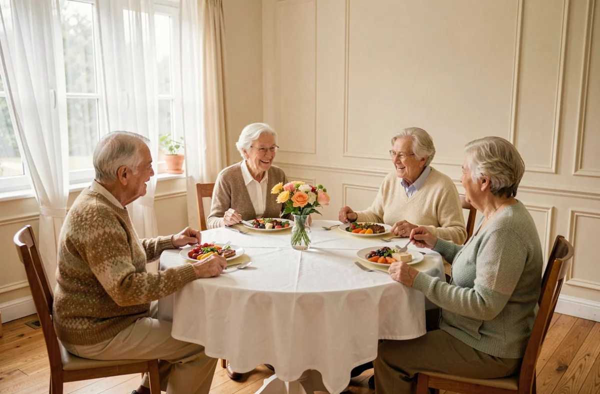 Salle à manger lumineuse de la résidence senior La Courtine à Melun avec résidents partageant un repas convivial