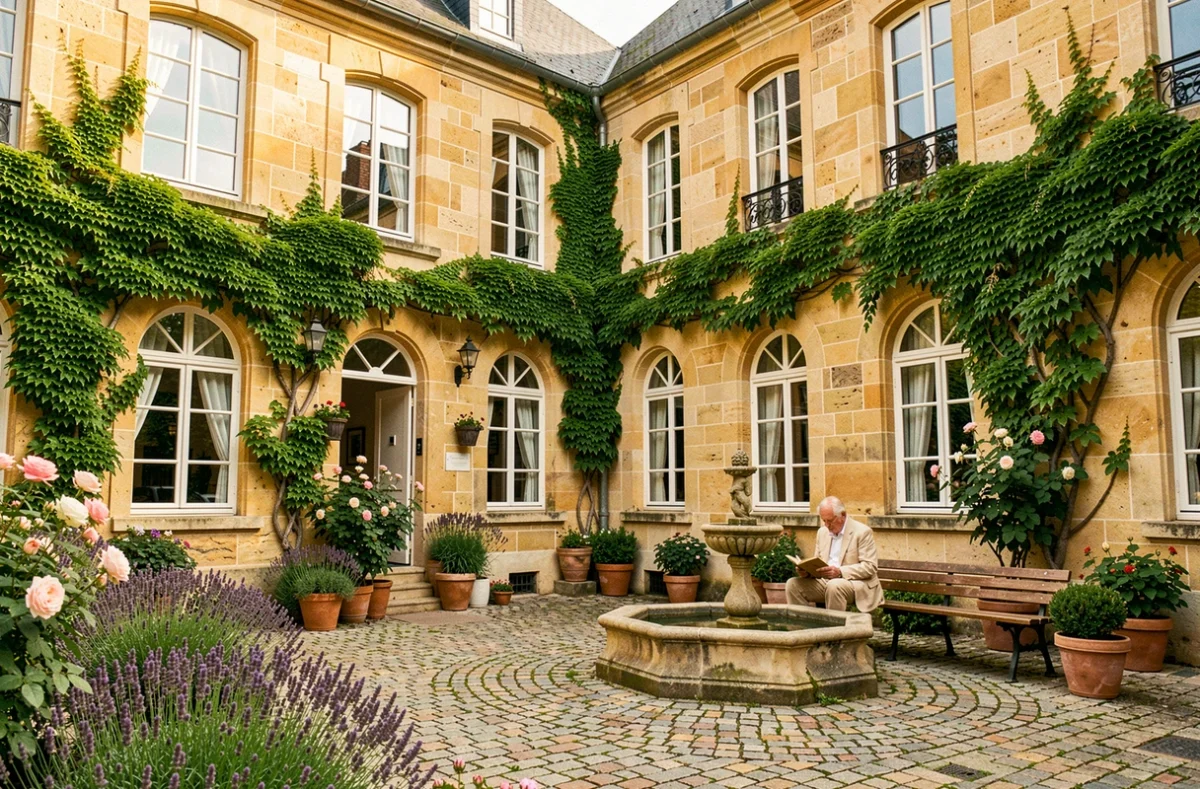 Façade en pierre dorée de la résidence senior La Gallique à Provins avec cour intérieure fleurie