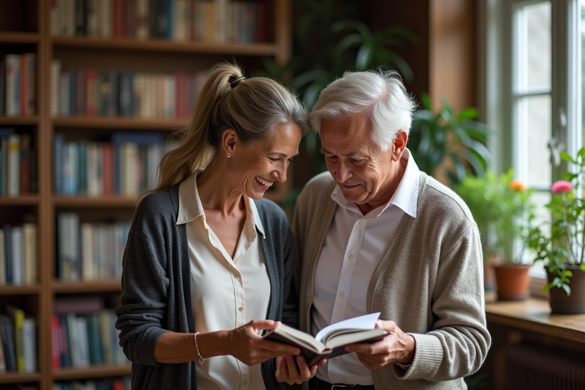 Femme et homme lisant ensemble dans une bibliothèque chaleureuse
