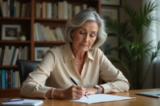 Femme senior rédigeant une lettre de départ à la retraite manuscrite à son bureau à domicile