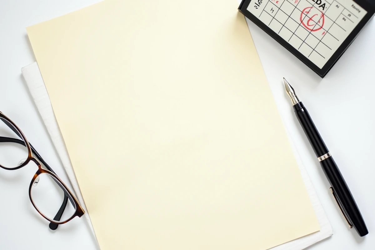 Vue de dessus d'une lettre de départ à la retraite manuscrite avec enveloppe, stylo et calendrier sur un bureau