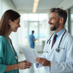 Médecin souriant dans une clinique moderne avec un patient
