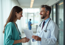 Médecin souriant dans une clinique moderne avec un patient