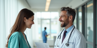 Médecin souriant dans une clinique moderne avec un patient