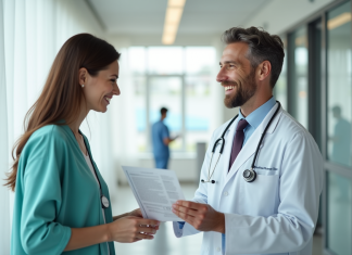 Médecin souriant dans une clinique moderne avec un patient