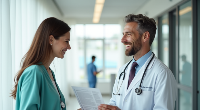 Médecin souriant dans une clinique moderne avec un patient