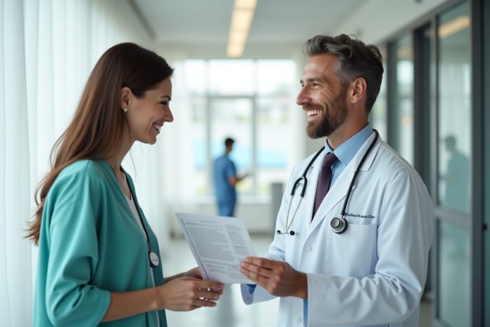 medecin-clinique-souriante Médecin souriant dans une clinique moderne avec un patient