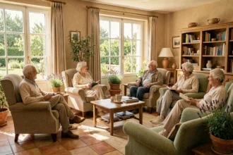 Salle commune chaleureuse d'une maison de retraite dans le Gard avec des résidents âgés discutant dans un cadre méditerranéen accueillant