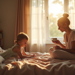 Mère fatiguée assise sur un lit en lumière naturelle
