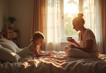 Mère fatiguée assise sur un lit en lumière naturelle