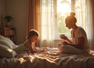 Mère fatiguée assise sur un lit en lumière naturelle