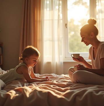 Mère fatiguée assise sur un lit en lumière naturelle