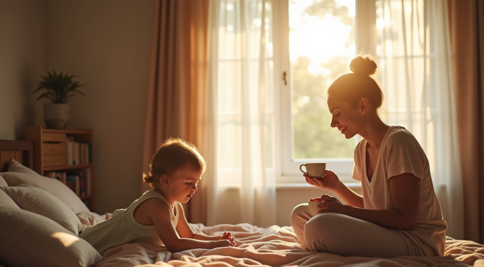 Mère fatiguée assise sur un lit en lumière naturelle
