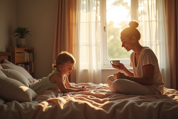 mere-fatiguee-salon-lumiere Mère fatiguée assise sur un lit en lumière naturelle