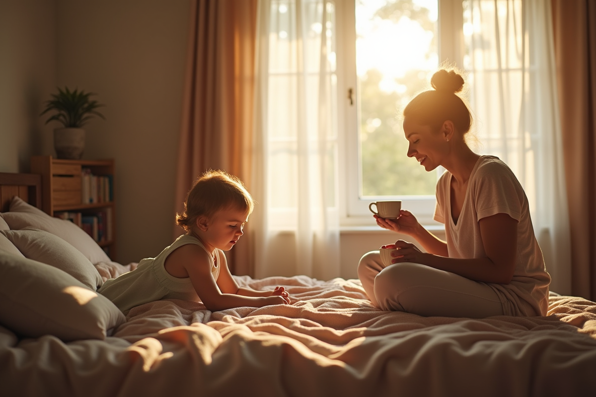 Mère fatiguée assise sur un lit en lumière naturelle