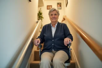 Monte-escalier compact sur escalier étroit avec femme âgée assise confortablement, solution sans travaux pour petits espaces