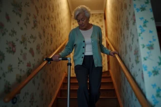 Femme âgée utilisant un monte escalier mobile sans installation sur un escalier étroit en bois dans une maison ancienne