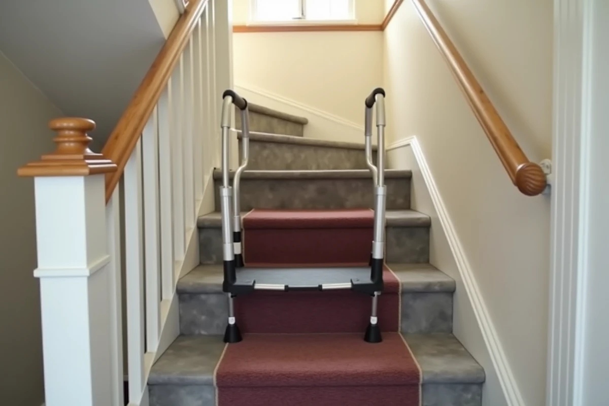 Monte escalier mobile autonome posé dans un escalier étroit avec marches en pierre et rampe blanche, sans fixation au mur