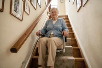 Monte escaliers portable installé sur un escalier en bois dans une maison française, avec une femme âgée assise dessus en toute sécurité