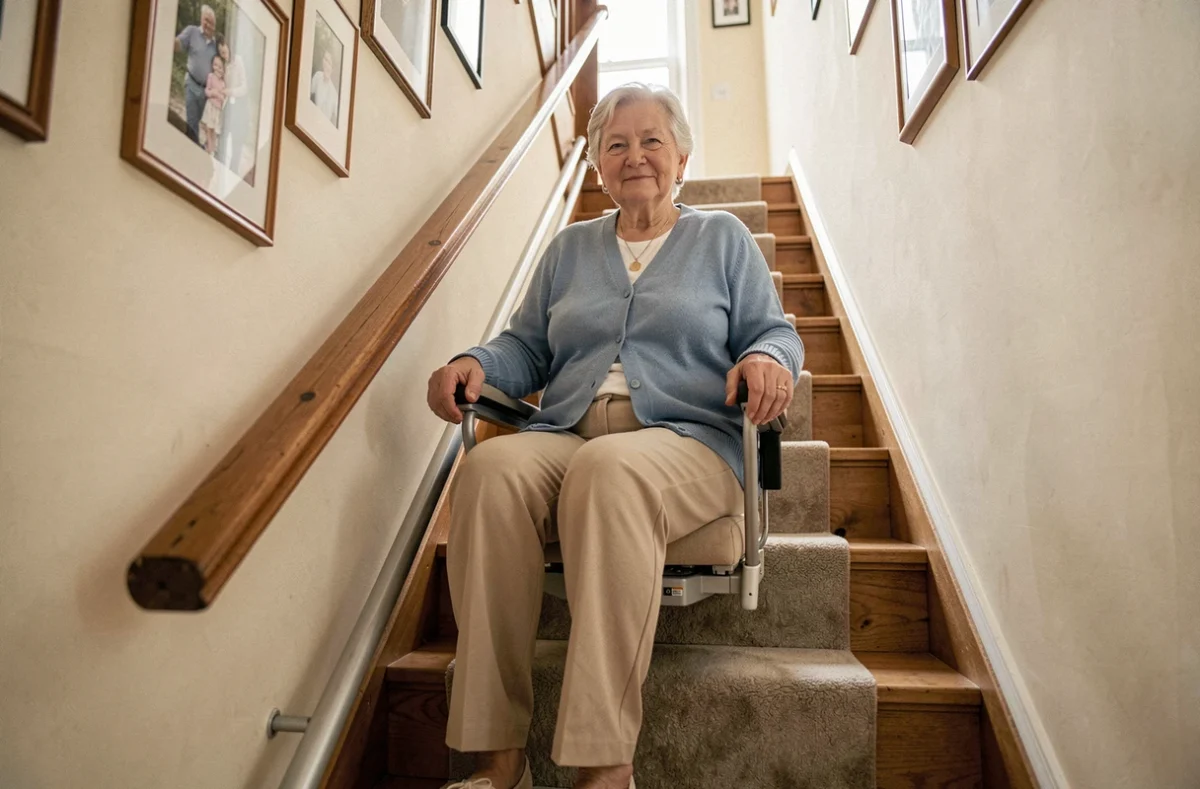 Monte escaliers portable installé sur un escalier en bois dans une maison française, avec une femme âgée assise dessus en toute sécurité
