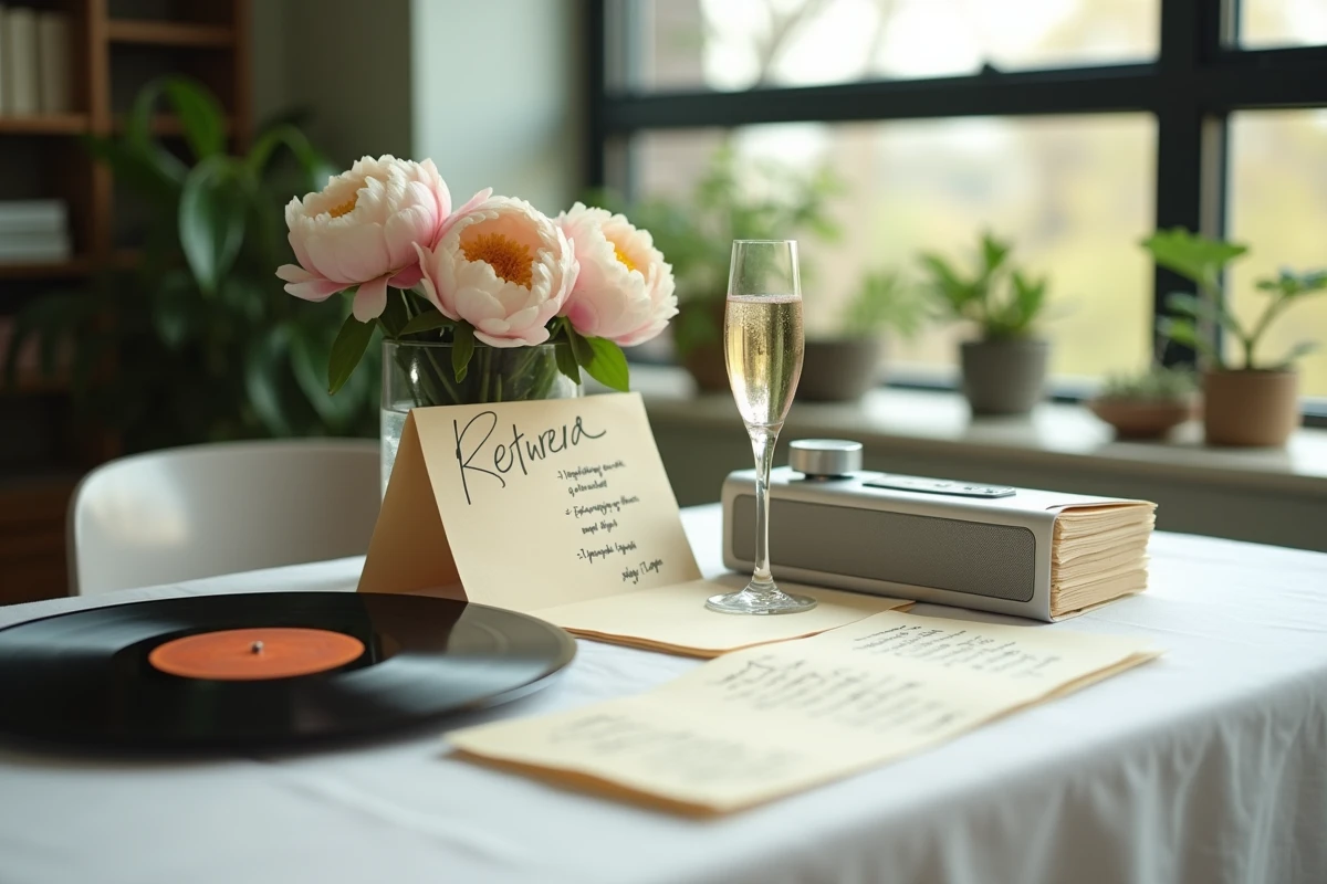 Nature morte avec vinyle, liste de chansons manuscrite et fleurs pour célébrer un départ en retraite