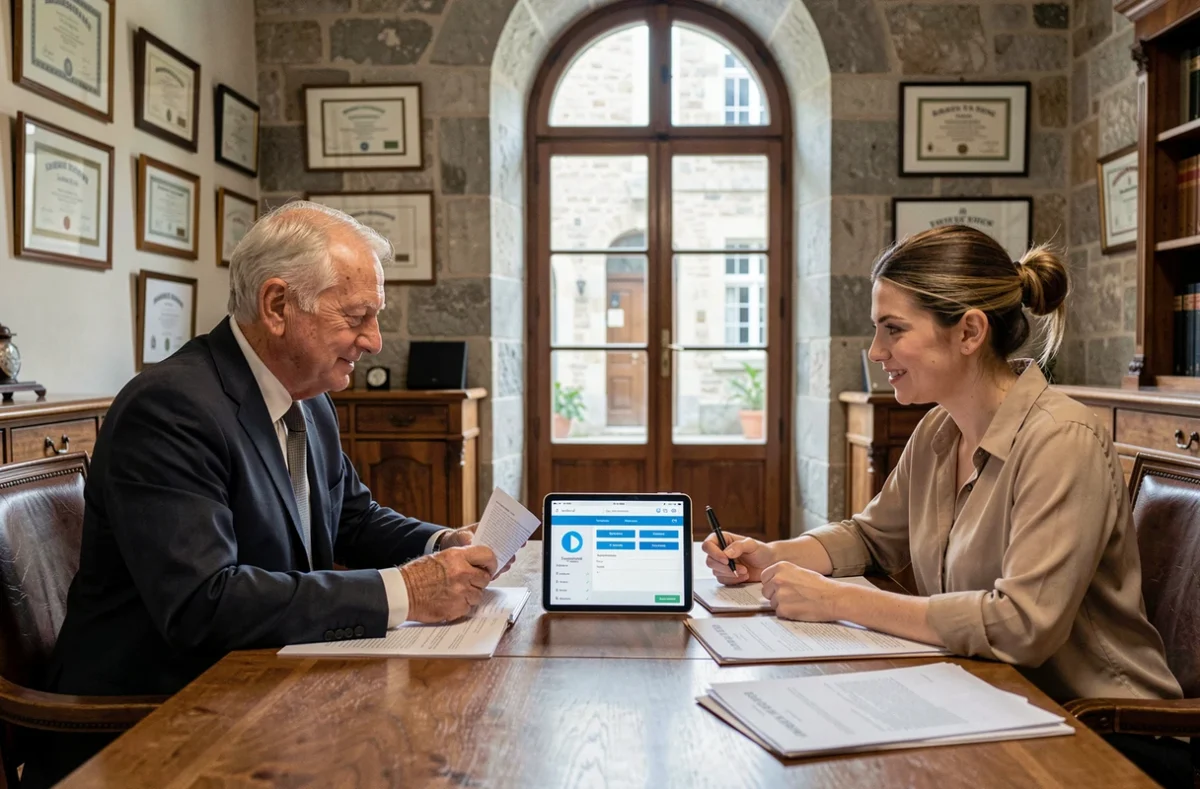 Notaire et travailleuse sociale examinant ensemble des documents de tutelle sur une tablette numérique dans une étude notariale