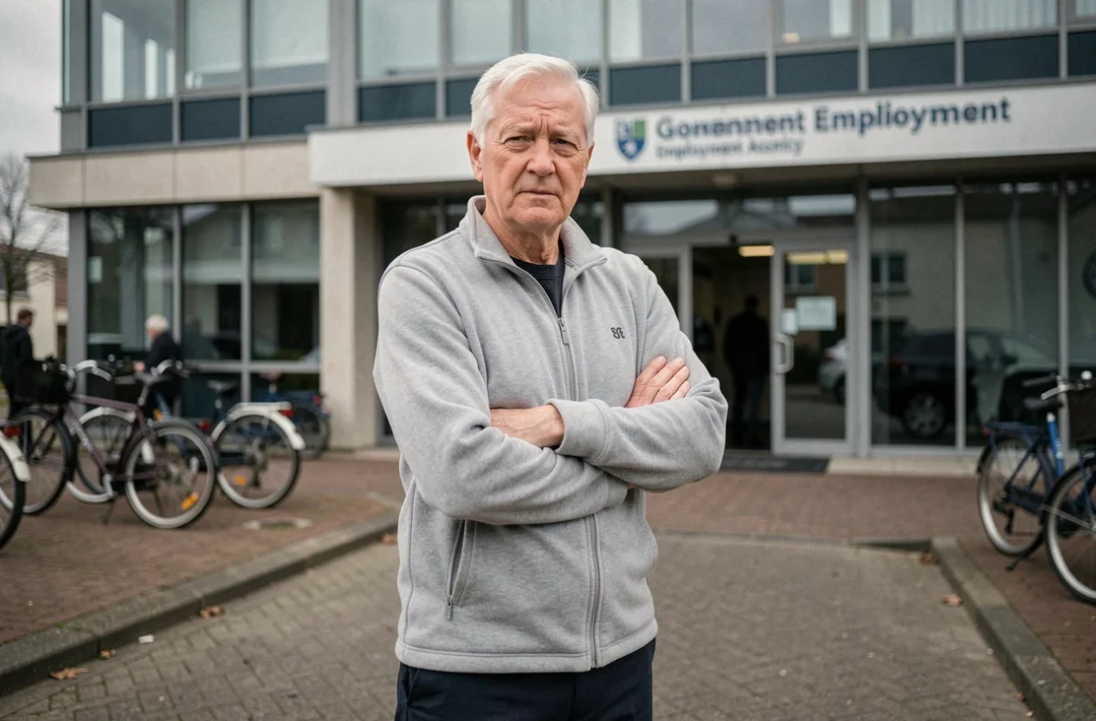 Homme senior hésitant devant une agence France Travail, illustrant le risque de négliger ses démarches obligatoires de recherche d'emploi et de perdre ses droits aux allocations chômage