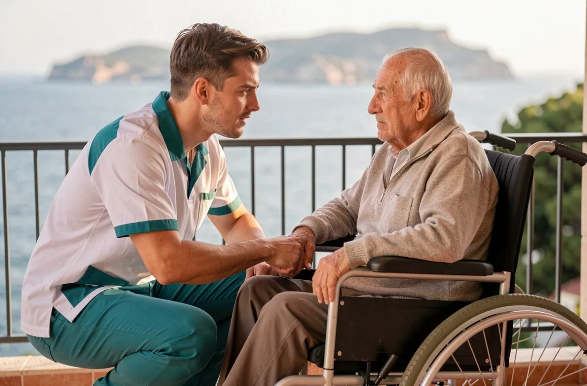 Un auxiliaire de vie Ouihelp assiste un homme en fauteuil roulant sur un balcon avec vue sur la mer à Marseille