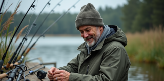 Homme d'âge moyen examinant des cannes à pêche au bord du lac