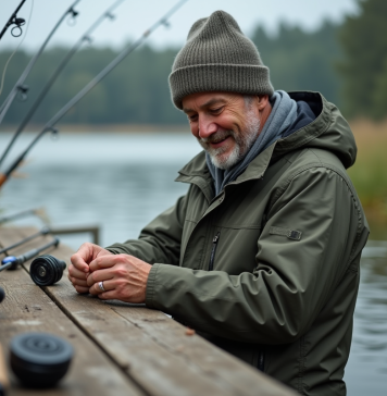 Homme d'âge moyen examinant des cannes à pêche au bord du lac