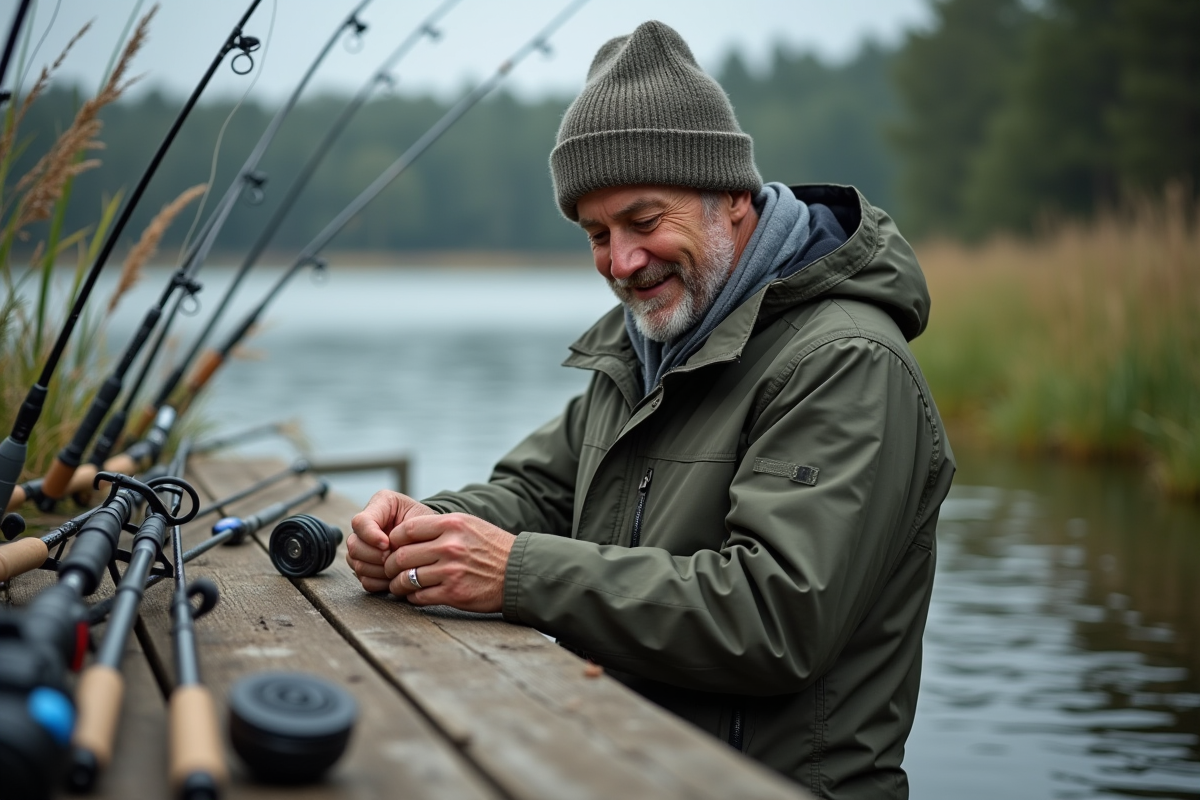 Homme d'âge moyen examinant des cannes à pêche au bord du lac