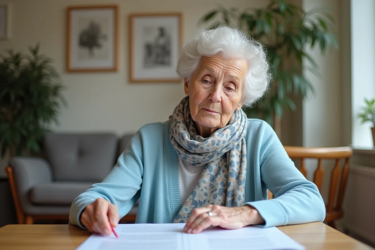 Femme âgée lisant des documents dans une maison de retraite