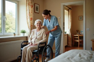 Personne âgée en fauteuil roulant accompagnée par une aide-soignante à domicile dans une chambre chaleureuse de maison de repos