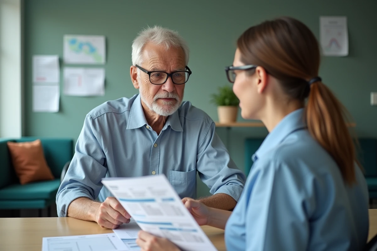 Homme âgé et assistante discutant au bureau