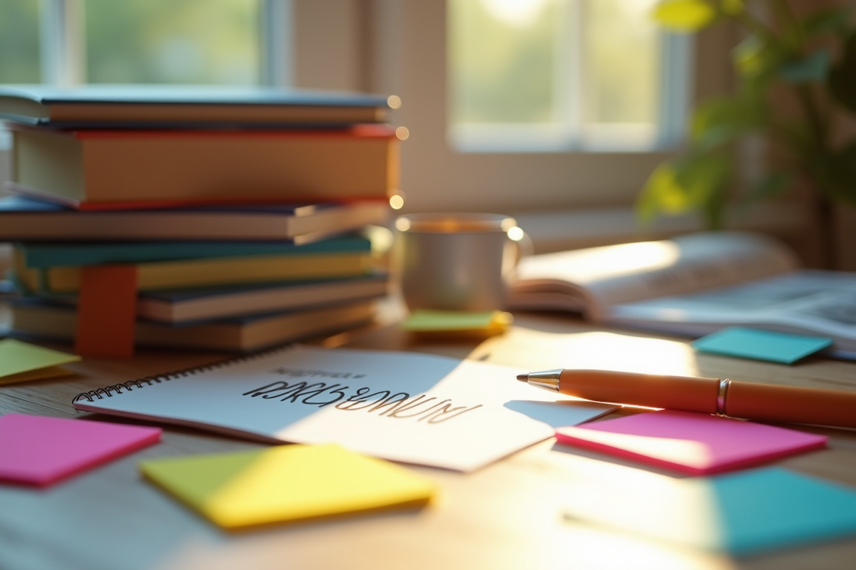 Pile de livres avec notes colorées et un carnet de stratégies