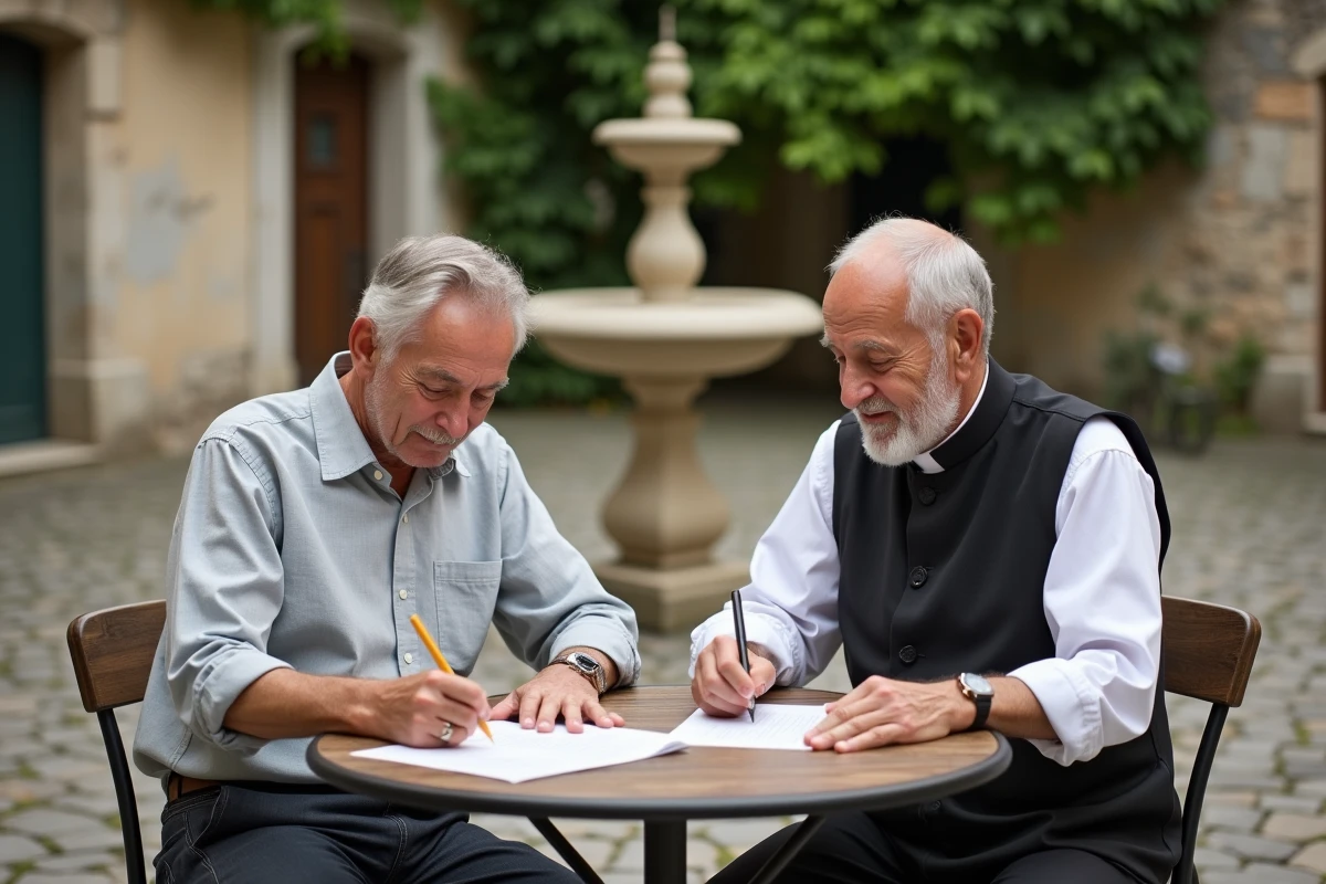 Deux hommes, l'un laïc et l'autre religieux, préparant ensemble leurs discours de départ à la retraite autour d'une table en terrasse